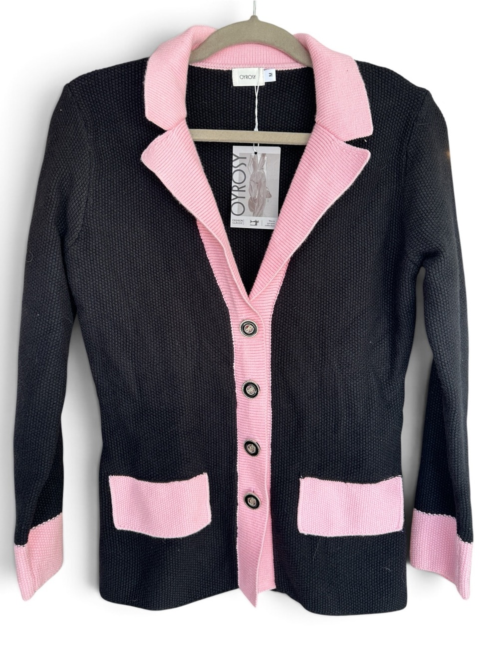 Oroxli Contrast-Trim Knit Cardigan in Black and Pink